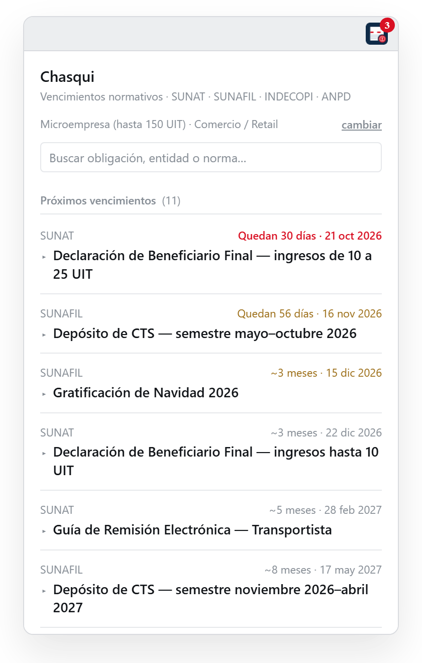 Panel de Chasqui mostrando los próximos vencimientos: Beneficiario Final, depósito de CTS y gratificación, con los días que faltan.